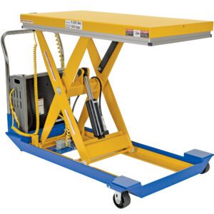 The Vestil DC Powered Scissor Cart 1K 48 x 24 features a yellow hydraulic lift table supported by scissor legs on a blue wheeled base. It includes a hydraulic pump and control handle, capable of easily handling up to 1,000 lbs.