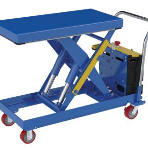 The Vestil Hydraulic Elevating Cart 20X40 2500 Lb 12Dc includes a blue scissor lift table, flat platform, hydraulic components, a yellow lever, and metal handle. It features red caster wheels for easy mobility.