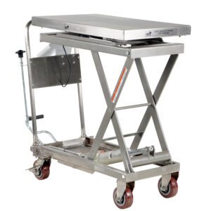 The Vestil Partially SS Cart W/Scale 500Lb 32X19.5 is a stainless steel lift table with a scissor lift, four red wheels, handle, and foot pedal, designed to easily transport heavy items up to 500 lbs.