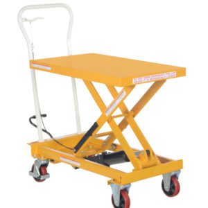 The Vestil Auto-Shift Cart 500Lb 19.5 X 32.5 features a sturdy yellow hydraulic lift table with a flat platform, white handle, smooth scissor lift mechanism, and red swivel caster wheels. It has a black pedal for easy lifting and boasts a 500 lb capacity on its frame.