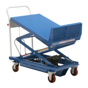 The Vestil Lift & Tilt Cart W/Sequence Select 600Lb is designed with a blue hydraulic lift table, red wheels, and a white handle for optimal tilting and heavy item transport. It features an angled surface that highlights its scissor lift mechanism.
