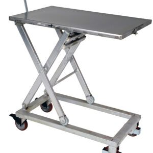 The Vestil Partial SS Mechanical Cart 660lb 37x23.5 is a silver scissor lift with a flat platform and handle, supported by a sturdy frame. It has four wheels, two with brakes, for moving and lifting heavy items up to 660 lbs effortlessly.
