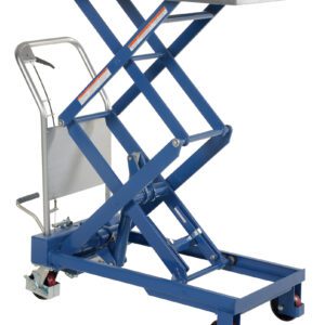 The Vestil Double Hydraulic Cart 800Lb 35.5 X 20 is a blue scissor lift table with an 800 lb capacity, featuring a sturdy rectangular platform supported by a hydraulic mechanism, wheels, and a metal handle for efficient lifting and moving of heavy objects.