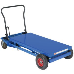 The Vestil Pneumatic Tire Hydraulic Cart supports up to 1000 lbs and features a reliable black handle with four wheels: two large red ones and two smaller swivel wheels, ensuring smooth transport.