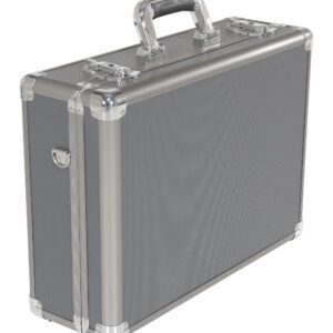 The Vestil Aluminum Carrying Case 13 X 14.5 X 6 features a sleek gray metallic look with chrome accents, secure clasps, a sturdy handle, and reinforced corners, offering a modern and professional appearance suitable for any occasion.