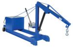 The Vestil Counter Balanced Floor Crane 2000 Lb, in mobile blue, includes a hook and lever with wheels for mobility and a hydraulic cylinder for heavy lifting, making it ideal for industrial or workshop use with its robust 2000 lb capacity.
