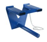 The Vestil Coil Lifter Fork Mounted 3000 Lb 24 In, a blue metal hitch attachment, has a V-shaped base with two rectangular slots and a long cylindrical arm. A silver chain connects to one side for efficient towing or lifting up to 3000 lbs.