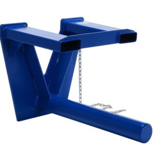 The Vestil Coil Lifter Fork Mounted 5500 lb, 36 in attachment boasts a durable Y-shaped design with two rectangular top slots and a long cylindrical arm, complemented by a side metal chain for enhanced security.