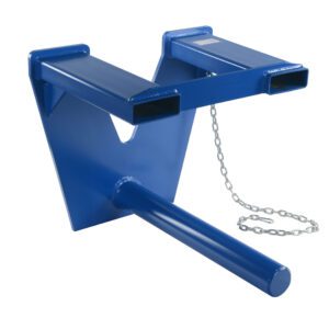 The Vestil Coil Lifter Fork Mounted 3000 Lb 48 In features a blue steel attachment with a V-shaped base, two rectangular tubes, a cylindrical rod, and an integrated metal chain for precision in fork-mounted tasks up to 3000 lbs and 48 inches wide.