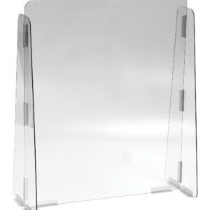 The Vestil Cashier Guard 23X28 features a clear polycarbonate central panel with two angled side panels, designed to stand on any surface. This protective barrier joins transparent panels with hinges for stability.