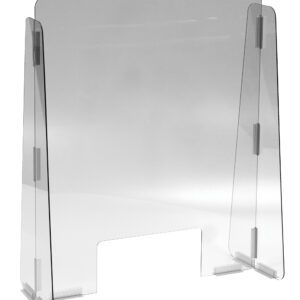 The Vestil Cashier Guard is a clear polycarbonate sneeze guard, measuring 23X28 with a 1/8 thickness and includes an 11X5 slot at the bottom center. It features side panels for stability, making it an effective protective barrier on desks or counters.