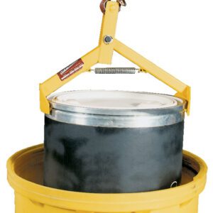 The Vestil Crane/Hoist Drum Lifter 16-20 In Dia skillfully lifts a black drum with a silver lid over a yellow container. The yellow clamp is securely attached to a top hook.
