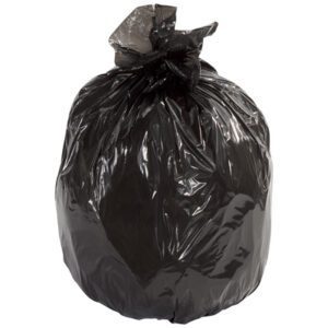 A large black Second Chance Trash Liner, 6 bushel, 1.5 Mil., from a flat pack (100/case), tied at the top and standing upright against a plain white background.