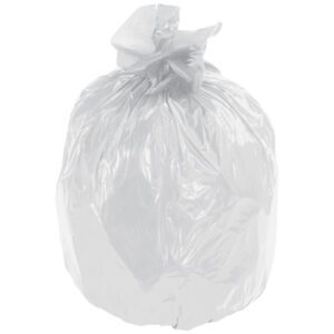 A large, tightly tied clear Second Chance Trash Liner stands upright against a plain white background. The 56-gallon, 1.0 Mil thickness bag is inflated, indicating it is filled with contents.