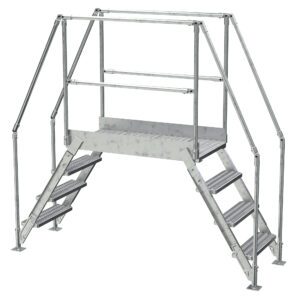 The Vestil Galvanized Cross-Over Ladder 91X82.15 In 4 Step features a grated metal platform with handrails, two sets of three steps, and a four-legged base for industrial-grade stability, ideal for construction use.