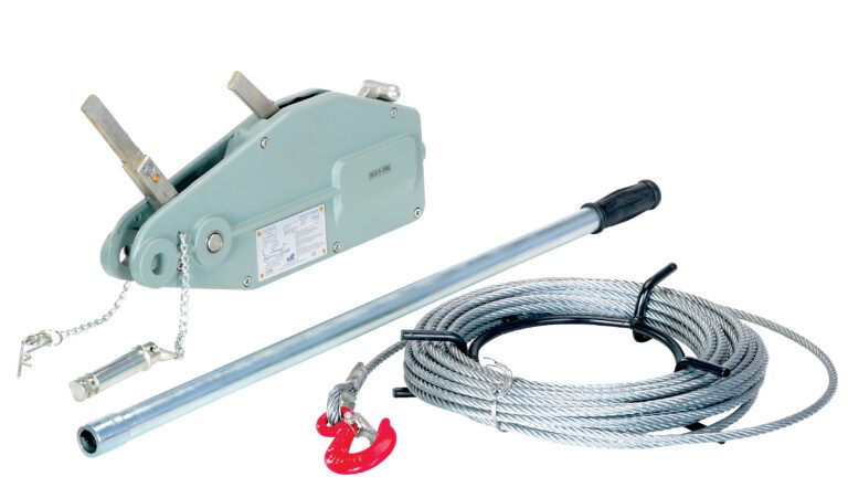 The gray Vestil Long Reach Cable Puller 1500 Lb is a robust hand winch with two levers, a long handle, and a coiled steel cable ending in a red hook, showcased on a white background.