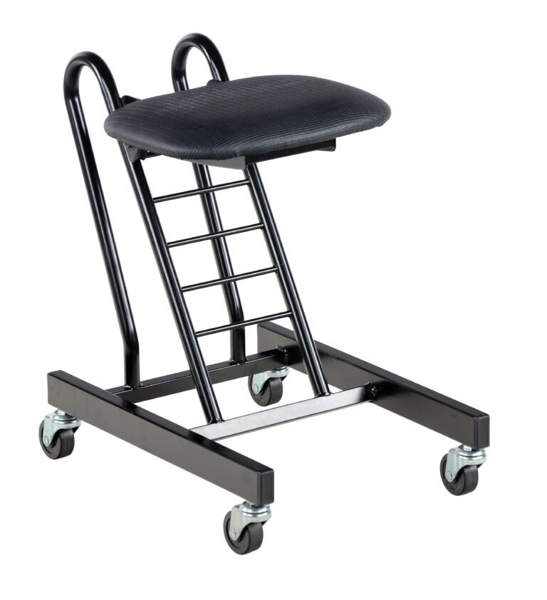CPRO-100_A.jpg The Vestil Portable Ergonomic Worker Chair is a black metal kneeling chair with a cushioned seat, four wheels, and a ladder-like structure for optimal support, promoting ergonomic sitting while allowing comfortable kneeling.