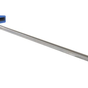 The Vestil Rug Ram Boom Fork Mounted, 120 inches long, features a blue rectangular base with handles and is equipped with a yellow-tipped metal pole, two openings, and a small chain for industrial tasks such as lifting or moving objects.