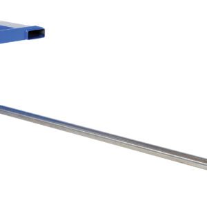 The Vestil Rug Ram Boom Fork Mounted Inverted 144L is a blue metal V-shaped wall bracket with a long, thin pole extending horizontally. It has a yellow cap and features a support chain near the bracket for stability.