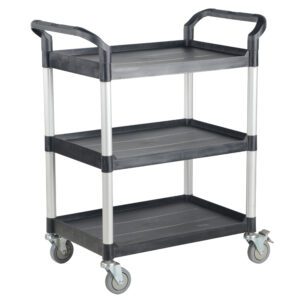 The Vestil Commercial Cart 43X20 3-Shelf No Panels is a sleek, gray utility cart with handles on both sides and four wheels for easy mobility, featuring black shelves and silver legs for a versatile solution to any task.