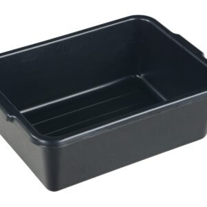 A black, rectangular plastic tub resembling the Vestil Commercial Cart - Utility Box, has smooth sides, slightly curved corners, shallow interior ridges, and a glossy surface that enhances its sleek design. It lacks visible handles.