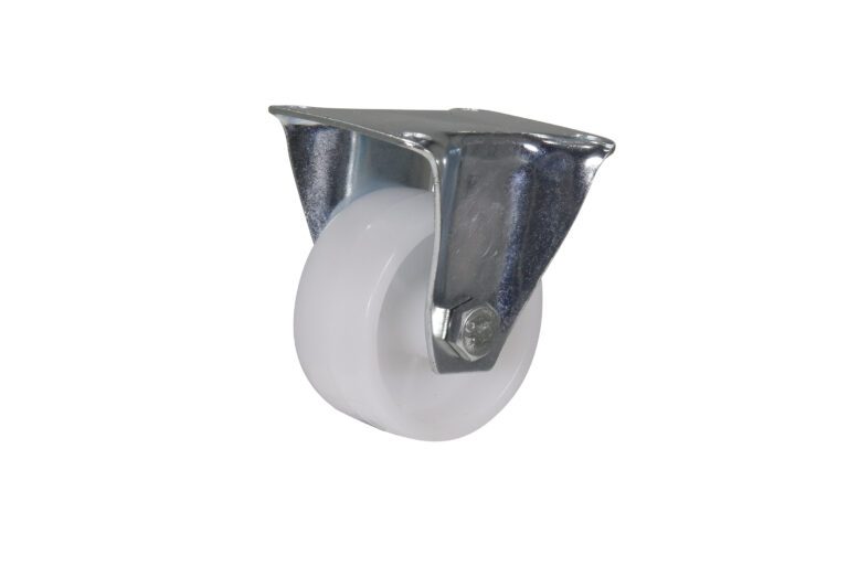 CST-B23-2X1PP-R_A.jpg The Vestil 2X13/16 Poly, Rigid caster features a white plastic wheel with a silver metal mounting bracket, displayed on a plain white background.