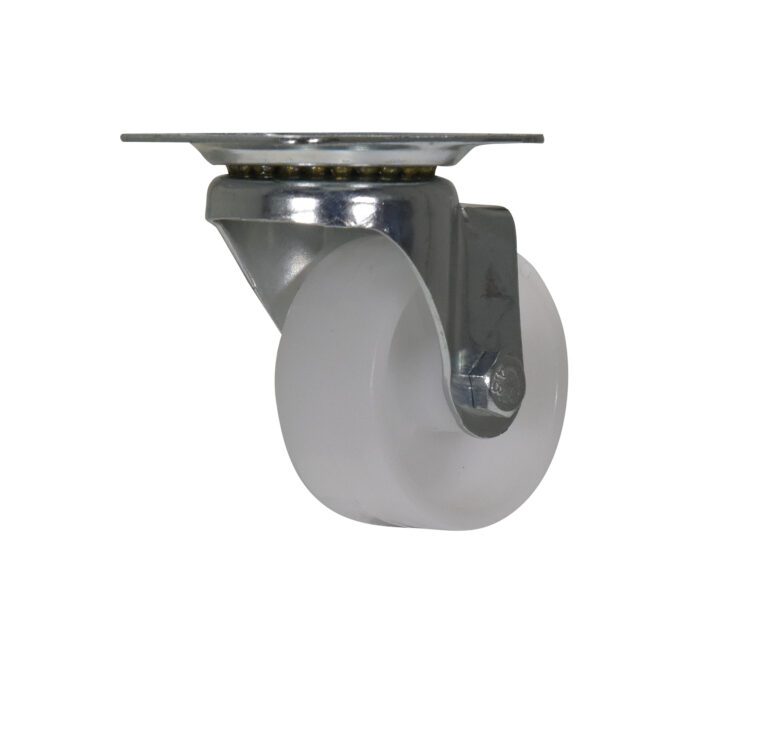 The Vestil 2X13/16 Poly, Swivel caster, with a white plastic wheel, is ideal for enhancing mobility when mounted on furniture or equipment.