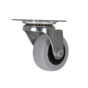 Discover the Vestil 2X4/5 Tpr, a swivel caster wheel with a gray rubber tire and robust metallic mounting plate, beautifully angled against a white background to highlight its perfect fusion of functionality and design.