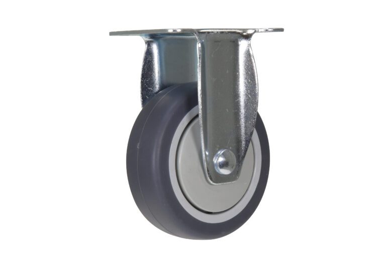 The Vestil 4X1-1/4 Tpr Rigid caster features a sturdy metal mounting bracket and a black rubber wheel, providing reliable mobility for various applications on a white background.