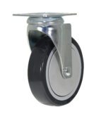 The Vestil 5X1 Polyurethane Swivel Caster, with a metal bracket and black rubber exterior, is displayed against a white background. Its side profile and top-mounted plate emphasize its robust design for smooth maneuverability.