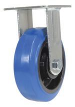 The Vestil 6X2 Elastic Rubber (Blue) Rigid caster wheel has a sturdy metal mount with two vertical supports, a flat top with dual attachment holes, and a sleek black core, showcasing its smooth design from both side and top views.