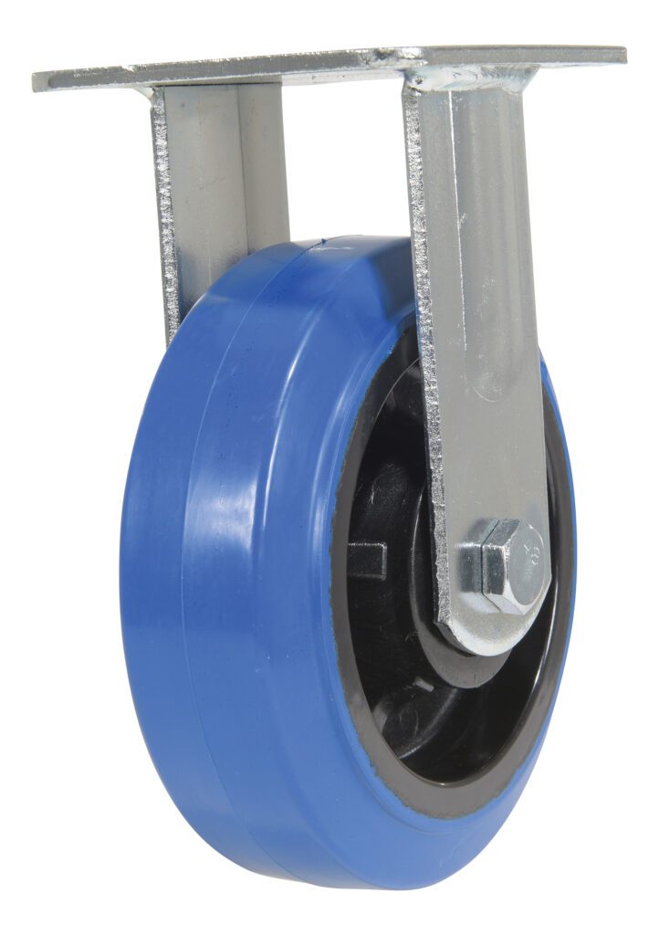 The Vestil 6X2 Elastic Rubber (Blue) Rigid caster wheel has a sturdy metal mount with two vertical supports, a flat top with dual attachment holes, and a sleek black core, showcasing its smooth design from both side and top views.