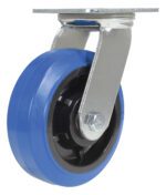 The Vestil 6X2 Elastic Rubber (Blue) Swivel caster has a stylish blue wheel, metal bracket, swiveling mechanism, top mounting plate, and a secure attachment to a metallic frame with a black hub.
