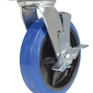 The Vestil 8X2 Elastic Rubber (Blue) Swivel W/ Brake is a stylish caster wheel with a robust metal bracket, locking mechanism, and shiny metal frame connected to a flat rectangular plate for secure mounting.