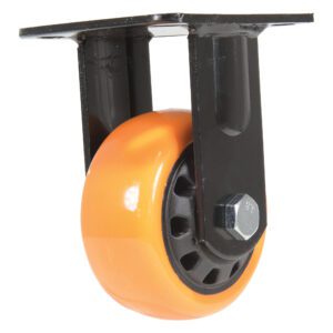 The Vestil 4X2 Poly On Poly (N29 Series) rigid caster wheel, shown in vibrant orange, is securely mounted on a sleek black metal bracket. It features a hexagonal bolt at its center for easy surface mounting.