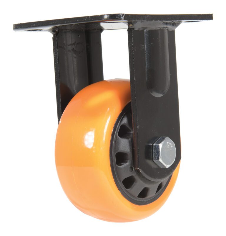 CST-BN-4X2PUP-R_A.jpg The Vestil 4X2 Poly On Poly (N29 Series) rigid caster wheel, shown in vibrant orange, is securely mounted on a sleek black metal bracket. It features a hexagonal bolt at its center for easy surface mounting.