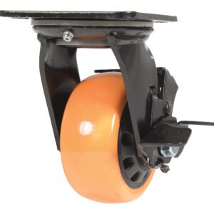 The Vestil 4X2 Poly On Poly (N29 Series) Swivel W/ Brake has an orange wheel with a black metal bracket, offering easy mobility. It includes a sturdy mounting plate and a visible locking mechanism to secure the wheel firmly in place.