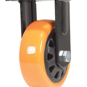 Close-up of an orange, rigid caster wheel from the Vestil 5X2 Poly On Poly (N29 Series). It features a shiny surface with black spokes and is secured by a silver bolt to the sleek black bracket.