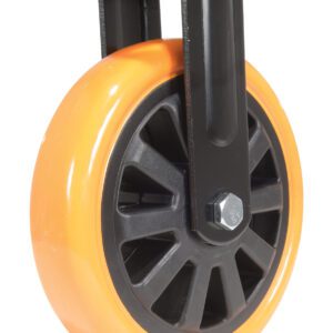 The Vestil 8X2 Poly On Poly (N29 Series) rigid caster wheel has an orange finish, black plastic hub, and metal mounting plate. Its central bolt with a sturdy black bracket makes it perfect for furniture or equipment use.