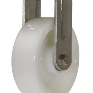 The Vestil 6X2 Nylon/Stainless Steel, Rigid caster features a white cylindrical wheel and sturdy metal bracket, offering smooth furniture or equipment movement. A square top plate ensures stability while maintaining a sleek appearance.