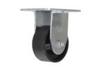 The Vestil 3 X 1-1/4 Cast Iron, Rigid wheel boasts a metallic housing and a metal mounting plate, ideal for mobility in furniture or equipment. It stands out against the white background.