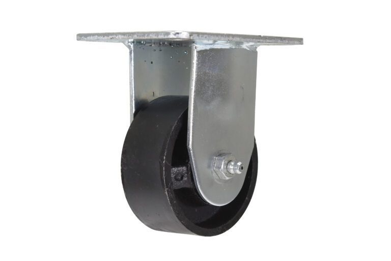 The Vestil 3 X 1-1/4 Cast Iron, Rigid wheel boasts a metallic housing and a metal mounting plate, ideal for mobility in furniture or equipment. It stands out against the white background.