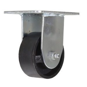 The Vestil 3 X 1-1/4 Cast Iron, Rigid wheel boasts a metallic housing and a metal mounting plate, ideal for mobility in furniture or equipment. It stands out against the white background.