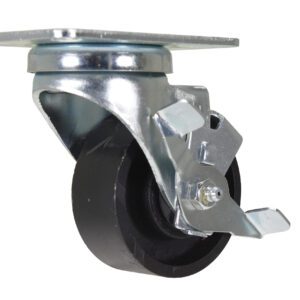 The Vestil 3X1-1/4 Cast Iron Swivel Caster W/Brake features a metal design with a black wheel and mounting plate. Its locking mechanism ensures secure positioning, making it ideal for furniture or equipment needing both effortless mobility and stability.