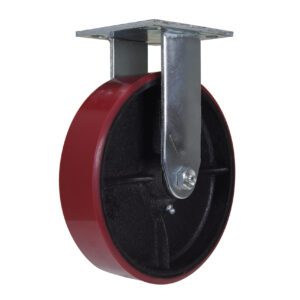 The Vestil 8X2 Ure Tread/Cast Iron Hub, Rigid features a red urethane tire on a black cast iron hub, mounted on a rigid bracket with a square top and four screw holes, ideal for industrial applications.