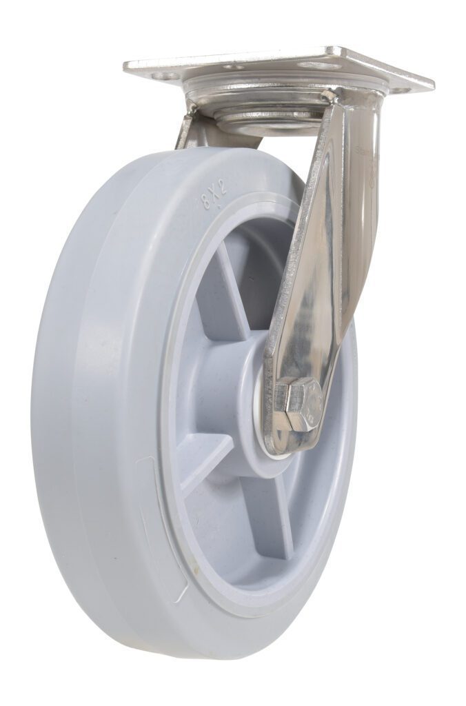 CST-E-SS-8X2TPR-S_A.jpg The Vestil 8X2 Tpr Ss Rig Swivel Caster has a gray industrial wheel with a metal bracket, offering a smooth solid surface and reinforced spoke design for durability and easy swivel movement, ideal for heavy-duty use.