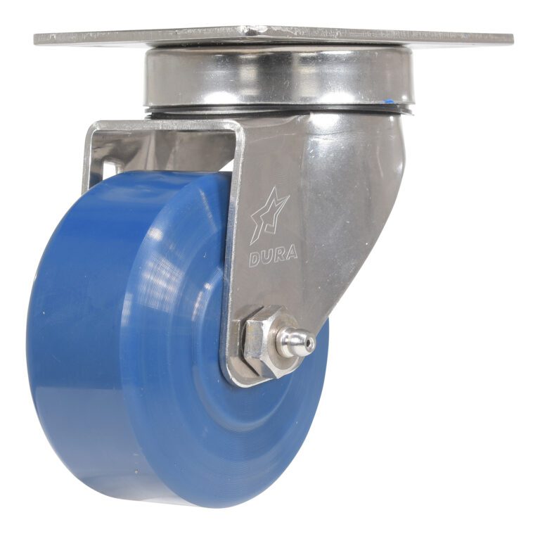 The blue Vestil 3 X 1 1/4 Solid Polyurethane (Spu) Swivel caster wheel, with Dura in white, features a robust design and securely attaches its durable material to a shiny silver metal frame with a sturdy mounting plate.
