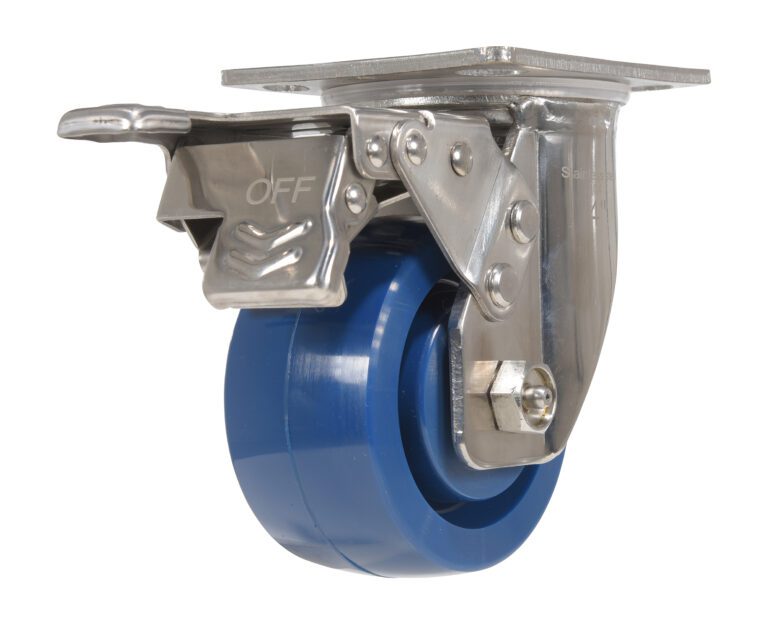 Close-up of a Vestil 4X2 Solid Polyurethane (Spu) Swivel W/Total Brake caster, showcasing a shiny metal frame with an OFF marked brake and a rectangular mounting plate on top.