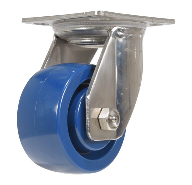 The Vestil 4X2 Solid Polyurethane Swivel caster has a blue wheel and sturdy metal bracket, ideal for furniture or equipment. Made from durable materials, its swiveling frame offers smooth mobility and long-lasting performance.