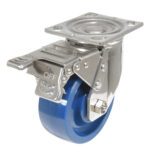 The Vestil 5X2 Solid Polyurethane (SPU) Swivel W/Total Brake features a blue rubber tire and flat mounting plate, with a secure locking mechanism using an engraved metal lever for ON and OFF indicators, ensuring reliable positioning with total brake functionality.